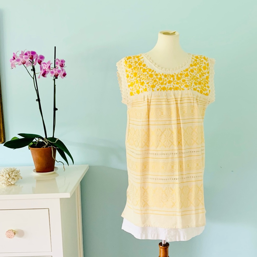 Cream and Yellow Hand Embroidered Mexican Shirt